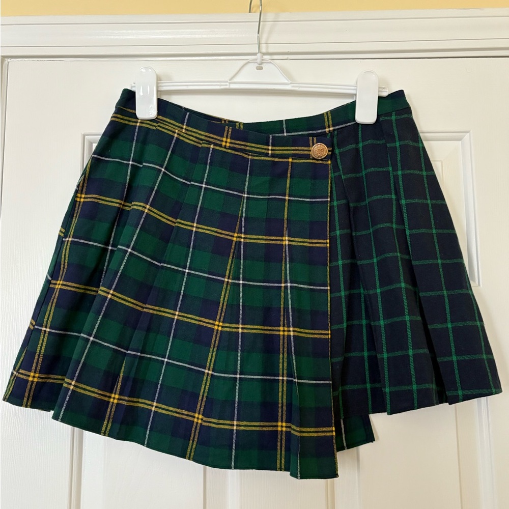 Anthropologie Green and Navy Plaid Mini Skirt